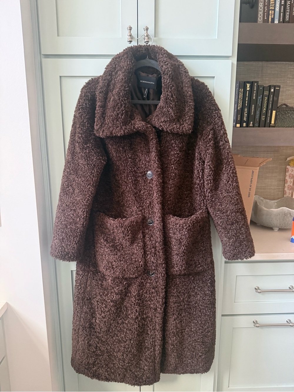 BCBGMaxAzria Dark Brown Teddy Coat with Oversized Collar